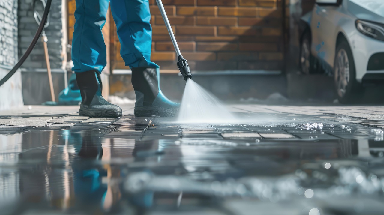 Pressure washing a residential driveway